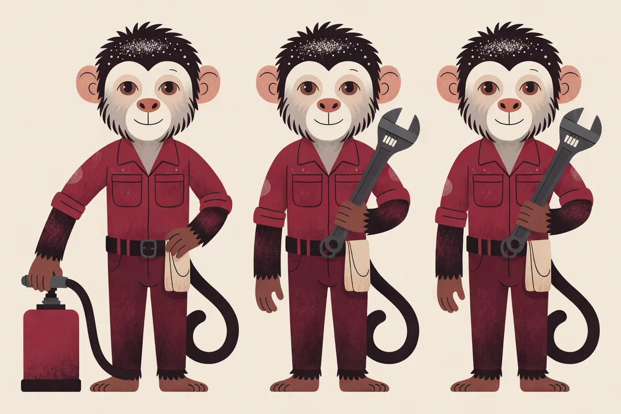 The Night Mechanic character sheet on a warm cream background: three full-body front views of a capuchin monkey with dark brown fur flecked with silver on top, a white whiskered face and a long curling tail, barefoot in deep-crimson coveralls with the sleeves rolled up, a black belt and a cream rag at his hip. In the first he rests one hand on the T-handle of a small crimson canister with a black hose and the other on his hip; the other two views are identical, holding a large steel adjustable wrench against his chest. He has the same closed-mouth smile in all three.