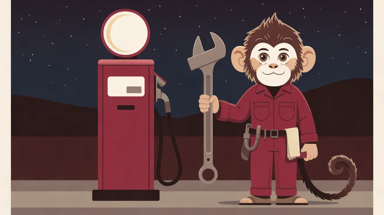 The Night Mechanic, a small capuchin monkey with shaggy brown fur, a cream whiskered face and a long curling dark brown tail, stands upright at the right in deep-crimson coveralls, a dark brown tool belt with a cream rag tucked into it and brown sandals, smiling and holding a large steel wrench upright in one hand. To the left stands an old-fashioned crimson fuel pump with a round cream globe on top and a black hose hanging from its nozzle, on a pale concrete forecourt, and beyond it low dark hills lie under an open, starry night sky, with a narrow cream band down each side of the picture.